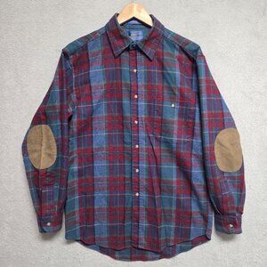 Pendleton Shirt Mens Medium Red Green Blue Plaid Wool Flannel Elbow Patches Vtg